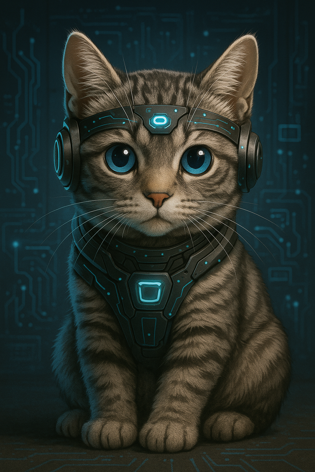 A superintelligent cute cat with a subtle sci-fi vibe